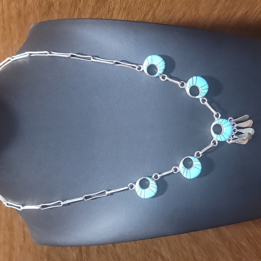 Louise Montoya Zuni Sterling Silver Turquoise Channel Inlay Necklace